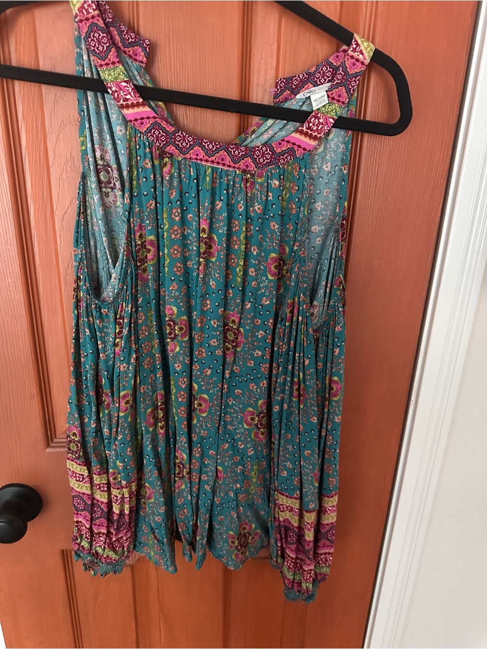 Cato Teal Floral Boho Sleeveless Tank with Pink Trim